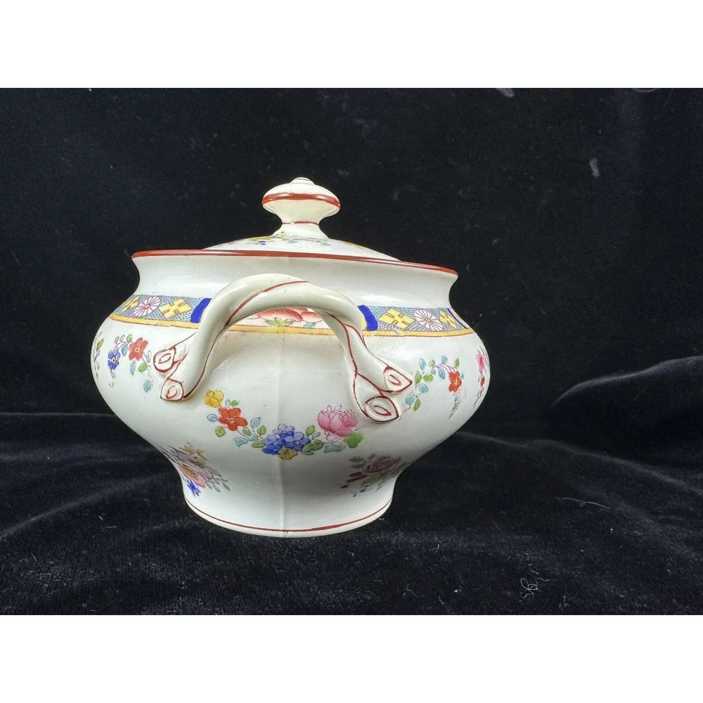 Mintons Rose Sugar Bowl & Lid England Globe Stamp Antique Edwardian Garland